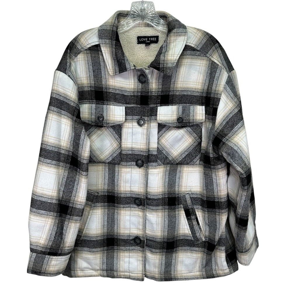 Love Tree Jacket Womens Large Plaid Sherpa Lined Flannel Shacket Beige Gray Cozy
